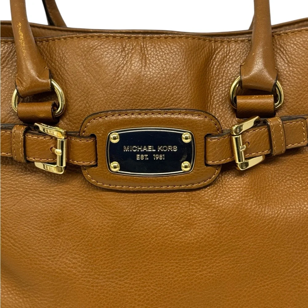 Michael Kors Hamilton Camel Brown Leather Satchel Tote Shoulder Bag 14 x 13 x 6 - Picture 7 of 16